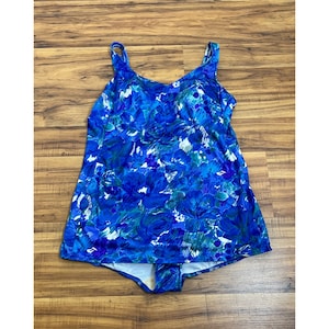 Curvy Size 22 1970&#39;s Vintage Blue Floral One Piece Swimsuit by Robby Len Swimfashions