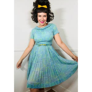 Small Early 1960s Vintage Aqua Pleated Day Dress by R&K Originals
