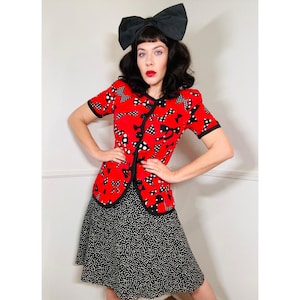 Medium 1990s Vintage Novelty Print Polka Dot Bow Jacket and Skirt Set by David Warren