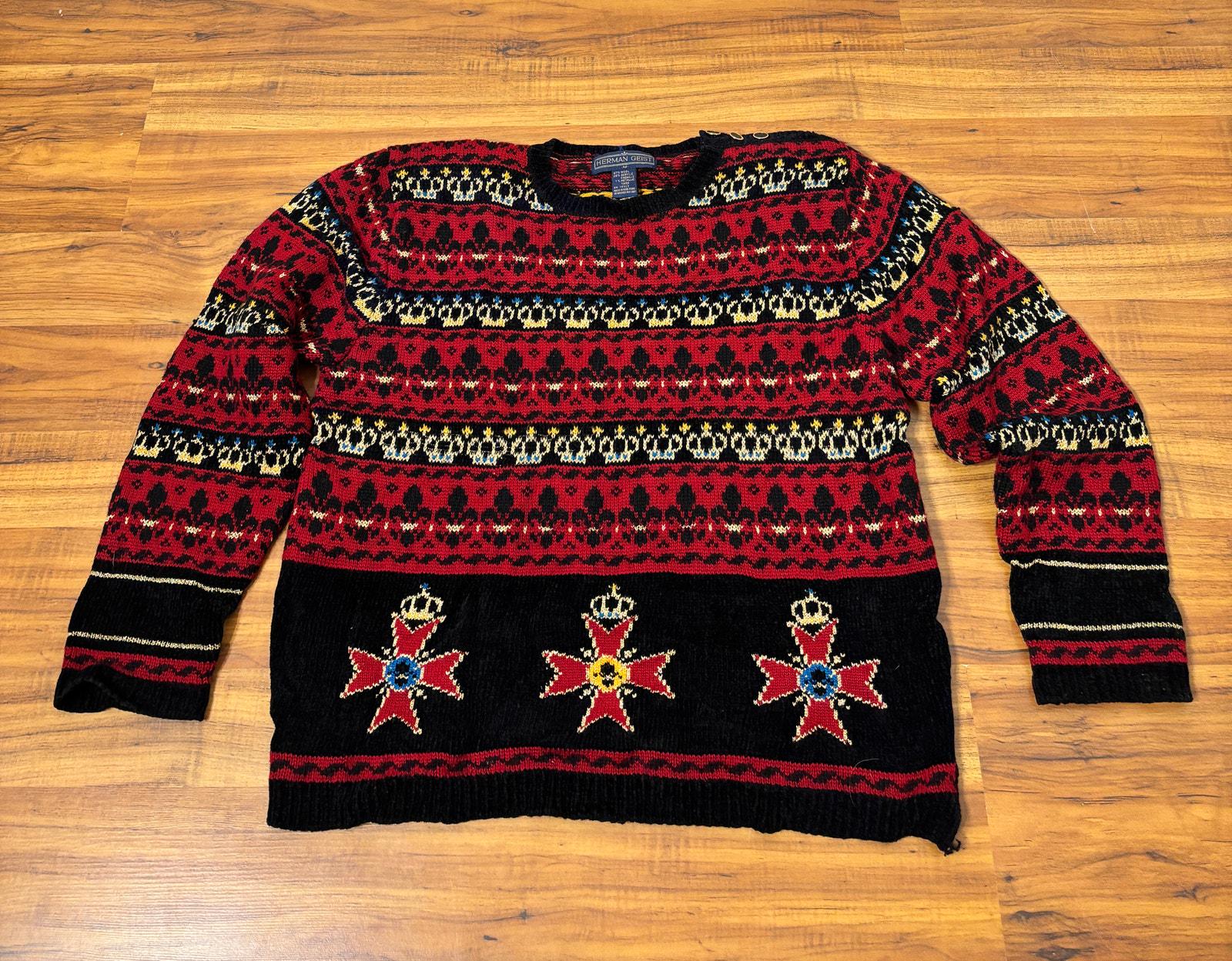 Medium to Large 1990s Vintage Heraldic Intaria Knit Wool Sweater 