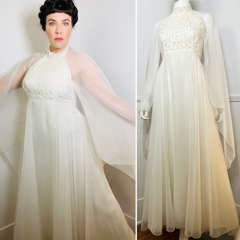 Small 1970s Vintage White Beaded Halter Gown with Attached Cape Train by House of Bianchi image 1