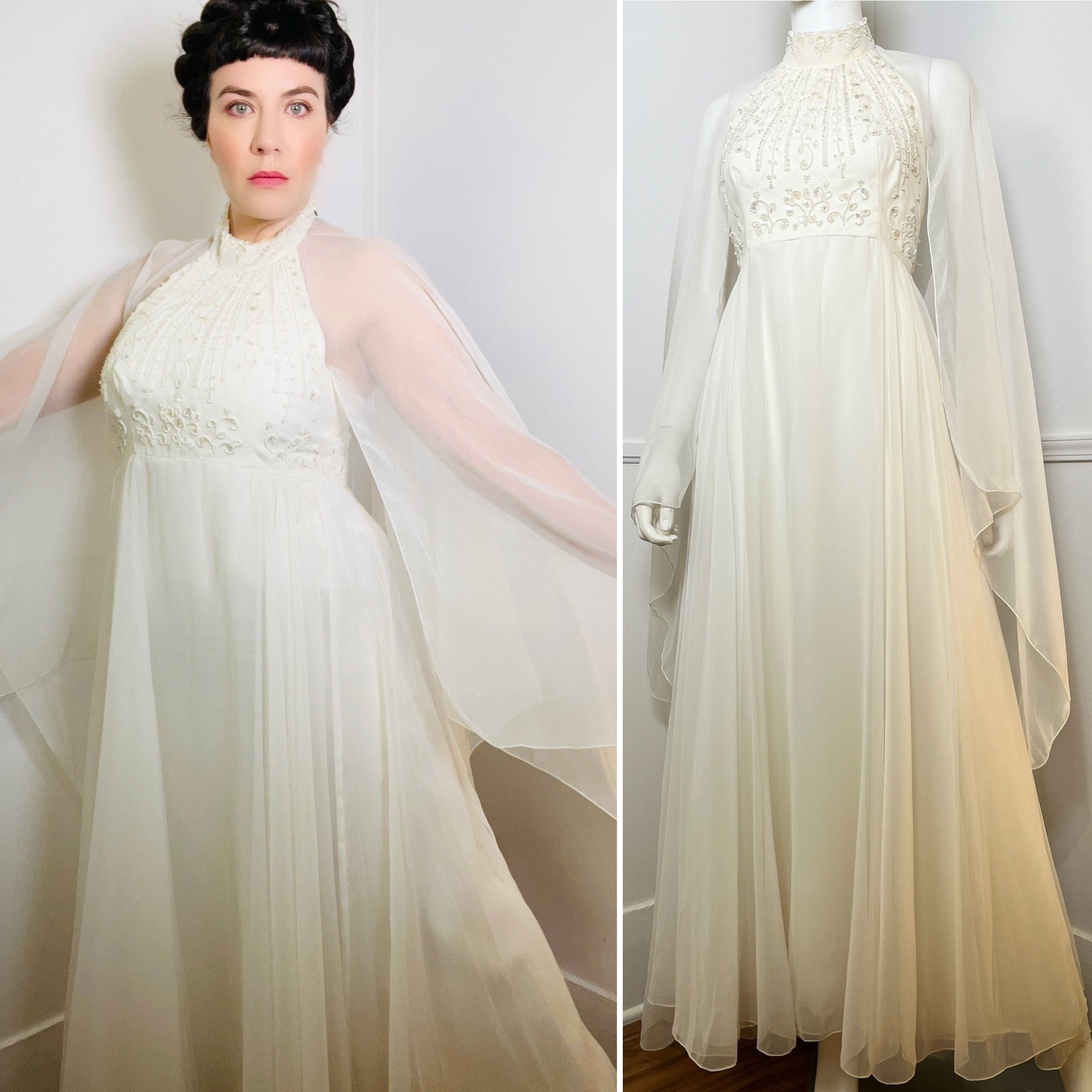 Small 1970s Vintage White Beaded Halter Gown with Attached Cape Train by House of Bianchi