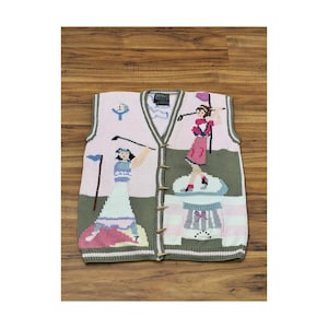 Small to Extra Large 1989 Vintage Pink Cotton Novelty Golf Sweater Vest by Berek