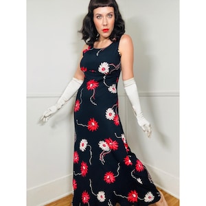 Small to Medium 1990s Vintage Black Floral Bias Cut Slip Dress by Nostalgia