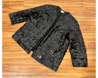 Medium Large 1960s Vintage Black Wool Sequined Cardigan by Jo-Ro Imports