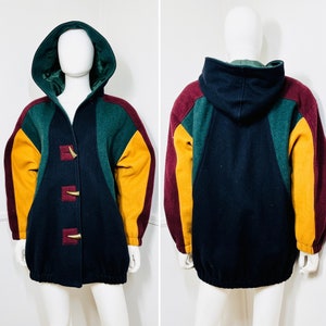 Medium to Extra Large - 1980s Vintage Color Block Wool Hooded Coat by Braetan