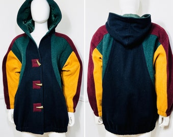 Medium to Extra Large - 1980s Vintage Color Block Wool Hooded Coat by Braetan