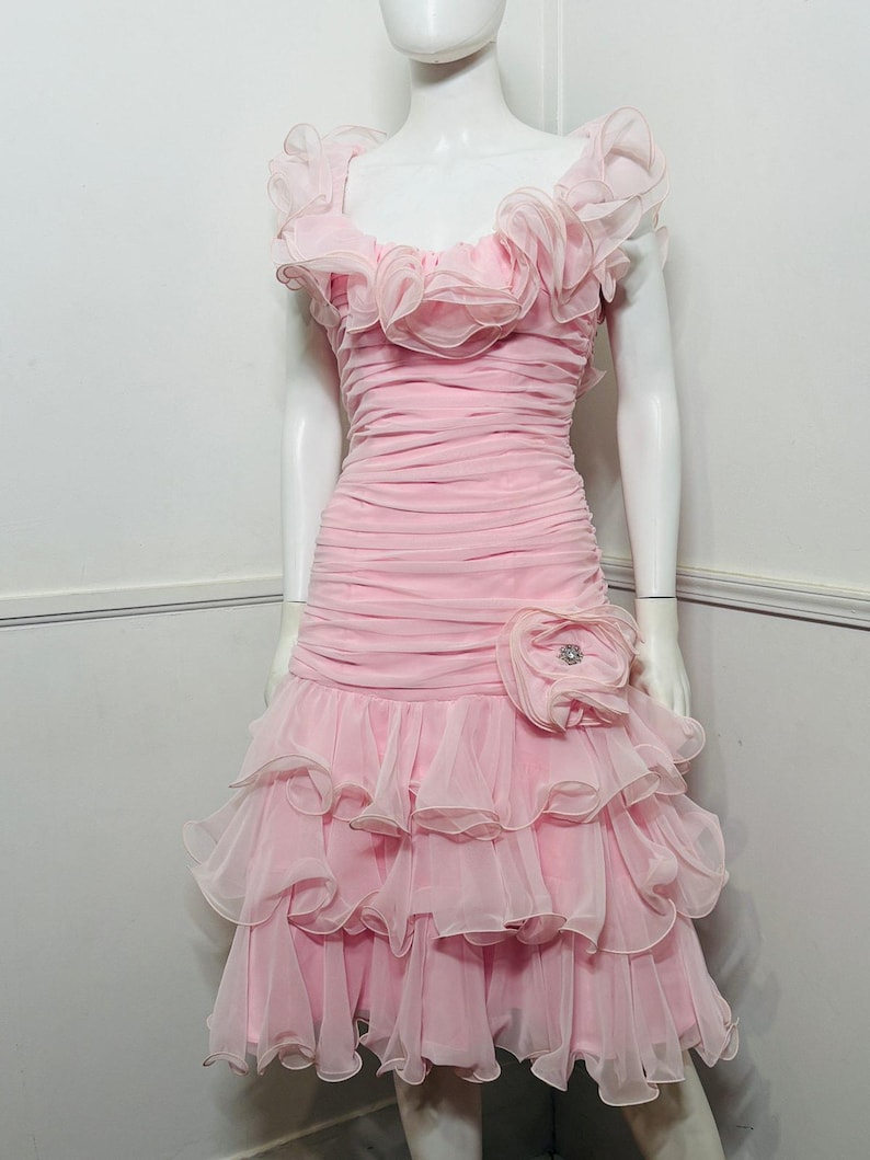 1980s Vintage Ballet Pink Chiffon Ruffle Dress image 5