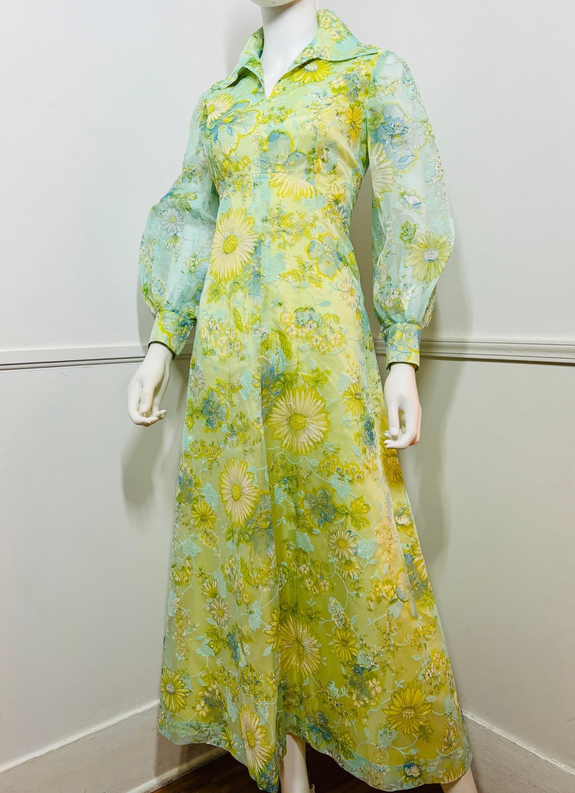 Medium 1970s Vintage Blue and Yellow Flocked Floral Maxi Dress