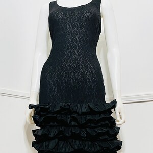 Large 1980s Vintage Black Illusion Lace and Ruffle Body Con Dress image 4