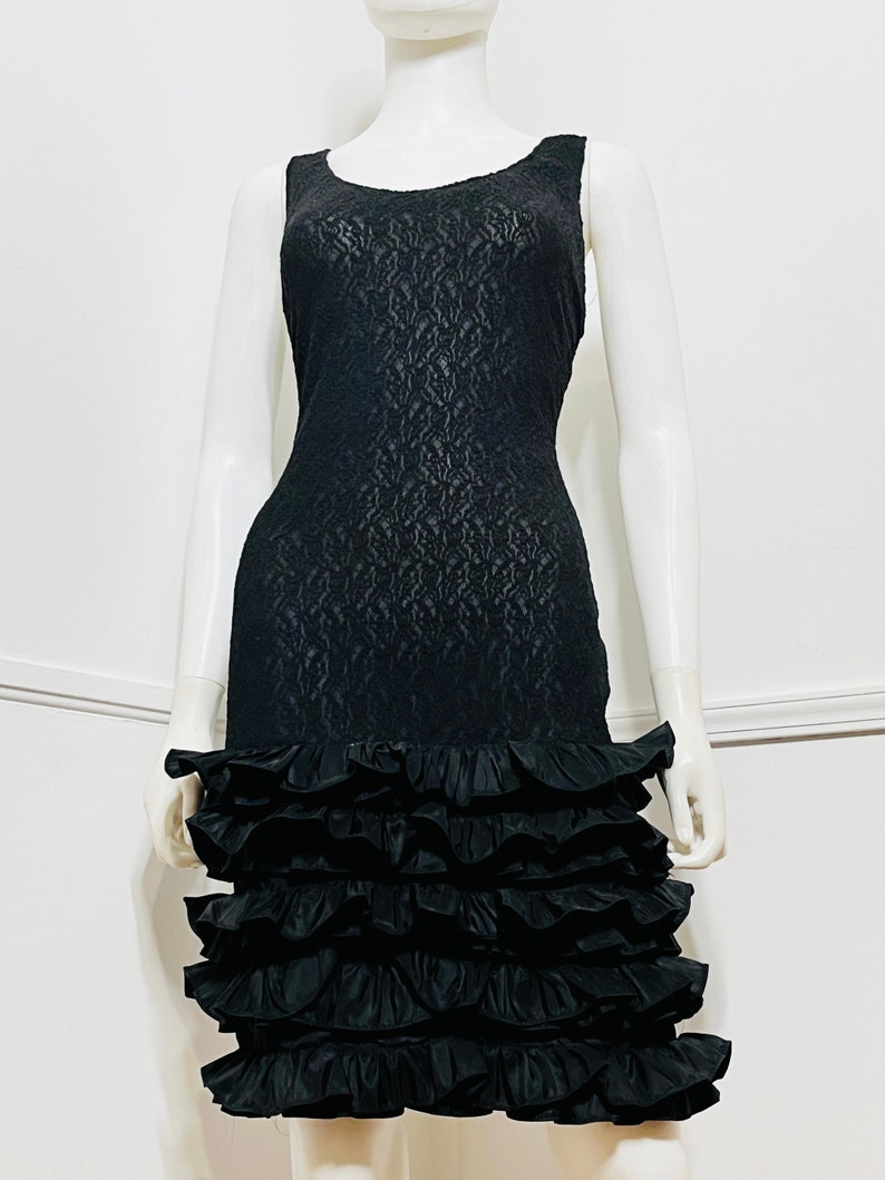 Large 1980s Vintage Black Illusion Lace and Ruffle Body Con Dress image 4