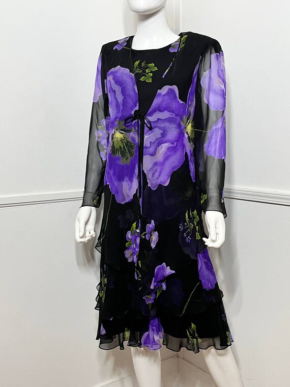 Medium to Large 1990s Vintage Black Silk Floral D… - image 4