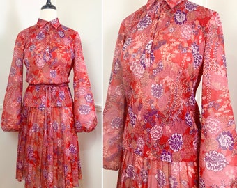 Medium 1970's Vintage Sheer Floral Blouse and Skirt Set by California Girl