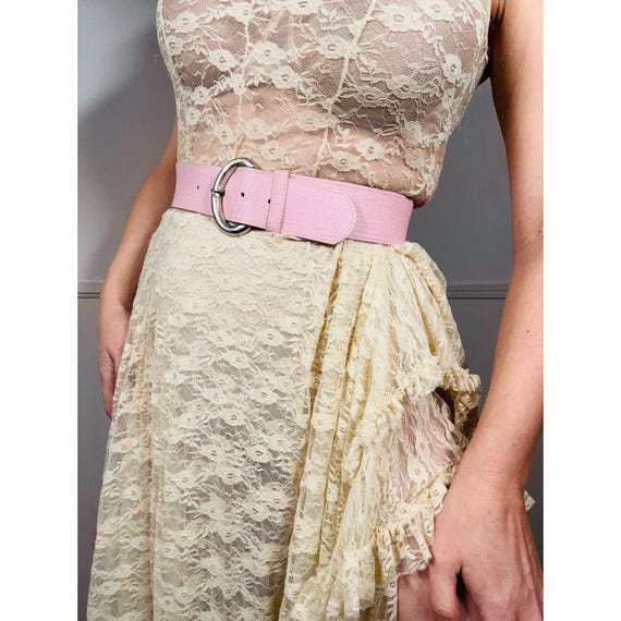 Y2K Neo-Vintage Pink Snake Riveted Leather Double Prong Belt Medium to Large Y2K Pink Reptile Leather Embossed Belt by  main image 3