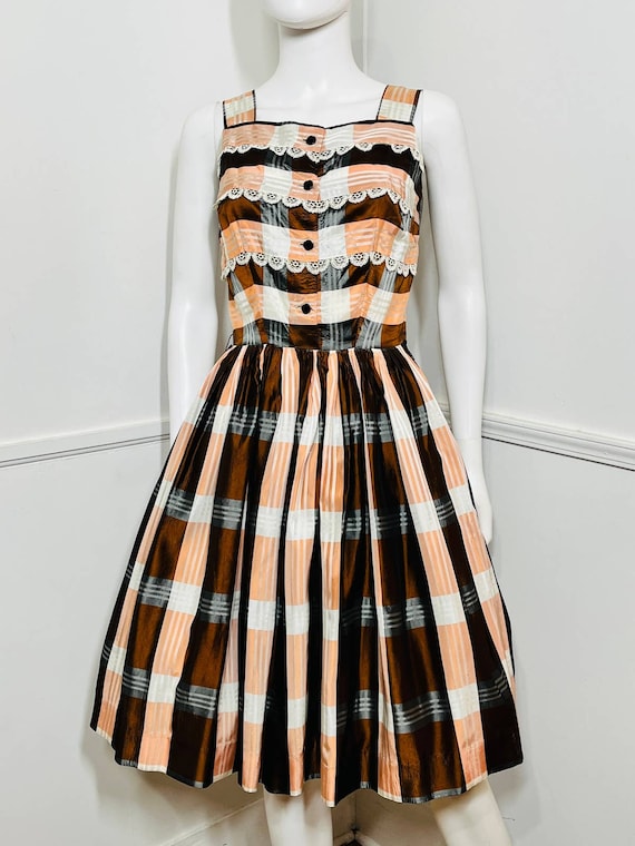 Small 1950s Vintage Autumnal Plaid Taffeta Dress … - image 3