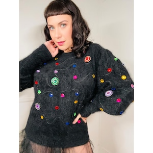 Large to Extra Large 1980s Vintage Black Jeweled Angora Sweater by Classiques