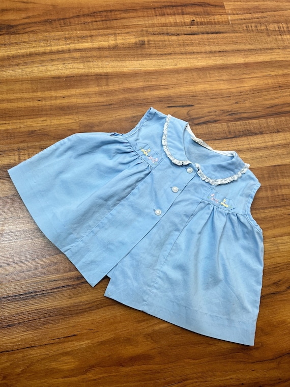 6 Months 1950's Vintage Blue Cotton Baby Girl Top… - image 1