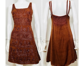 Small 1990s Vintage Brown Embroidered Mini Dress by 24 Karat