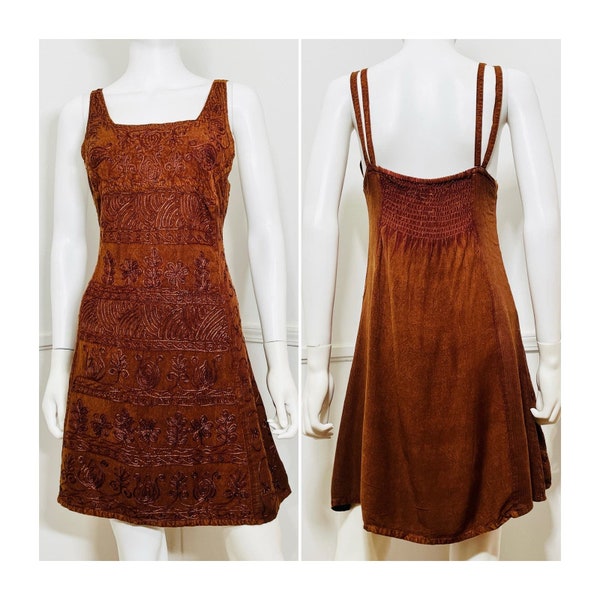 Small 1990s Vintage Brown Embroidered Mini Dress by 24 Karat