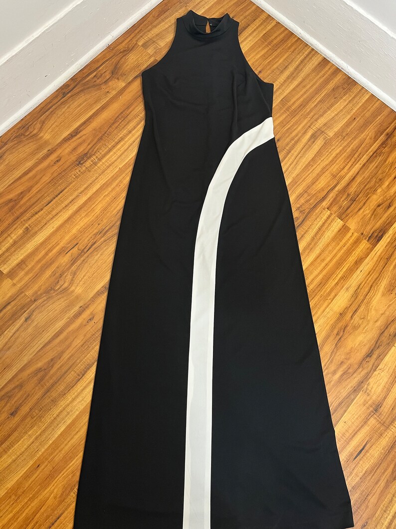May include: A black maxi dress with a white stripe down the side. The dress has a halter neckline and a fitted silhouette.