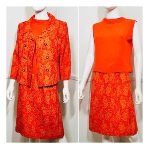 Small 1960s Vintage 3 PIECE Red and Orange Tapestry Suit by R&K Originals