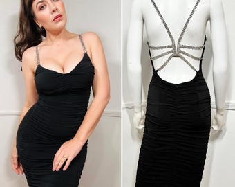 Extra Small to Medium Y2K Vintage Black Ruched Bodycon Mini Dress by Caché