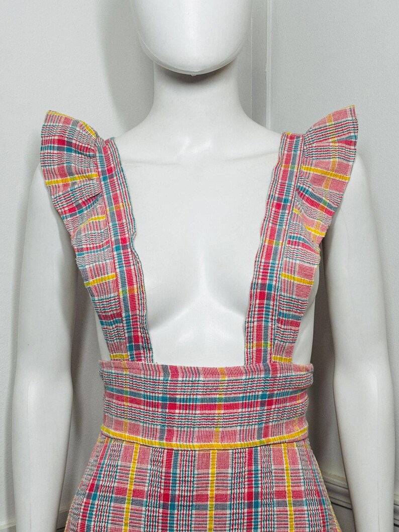 Vestido largo estilo pichi a cuadros rosa vintage de los años 70, talla pequeña a mediana imagen 5
