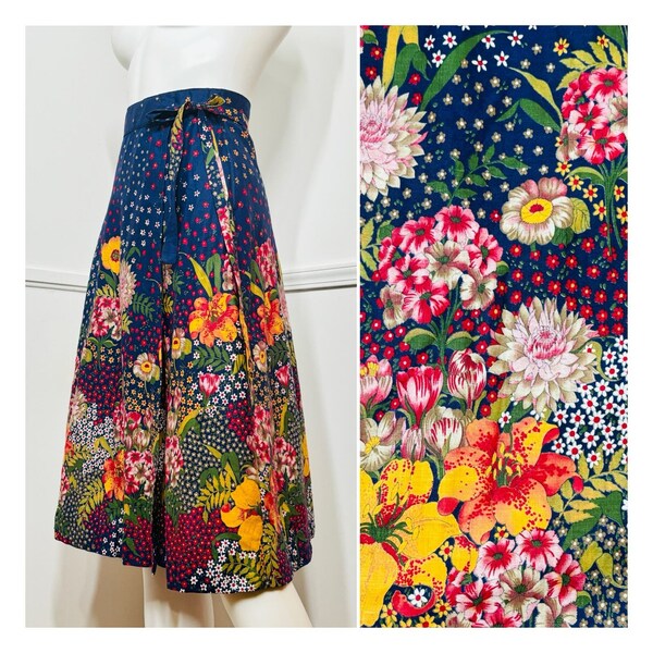 Small 1970s Vintage Navy Floral Wrap Skirt by Bennington Place