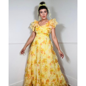 Medium 1970s Vintage Yellow Floral Ruffle Flounced Chiffon Maxi Gown