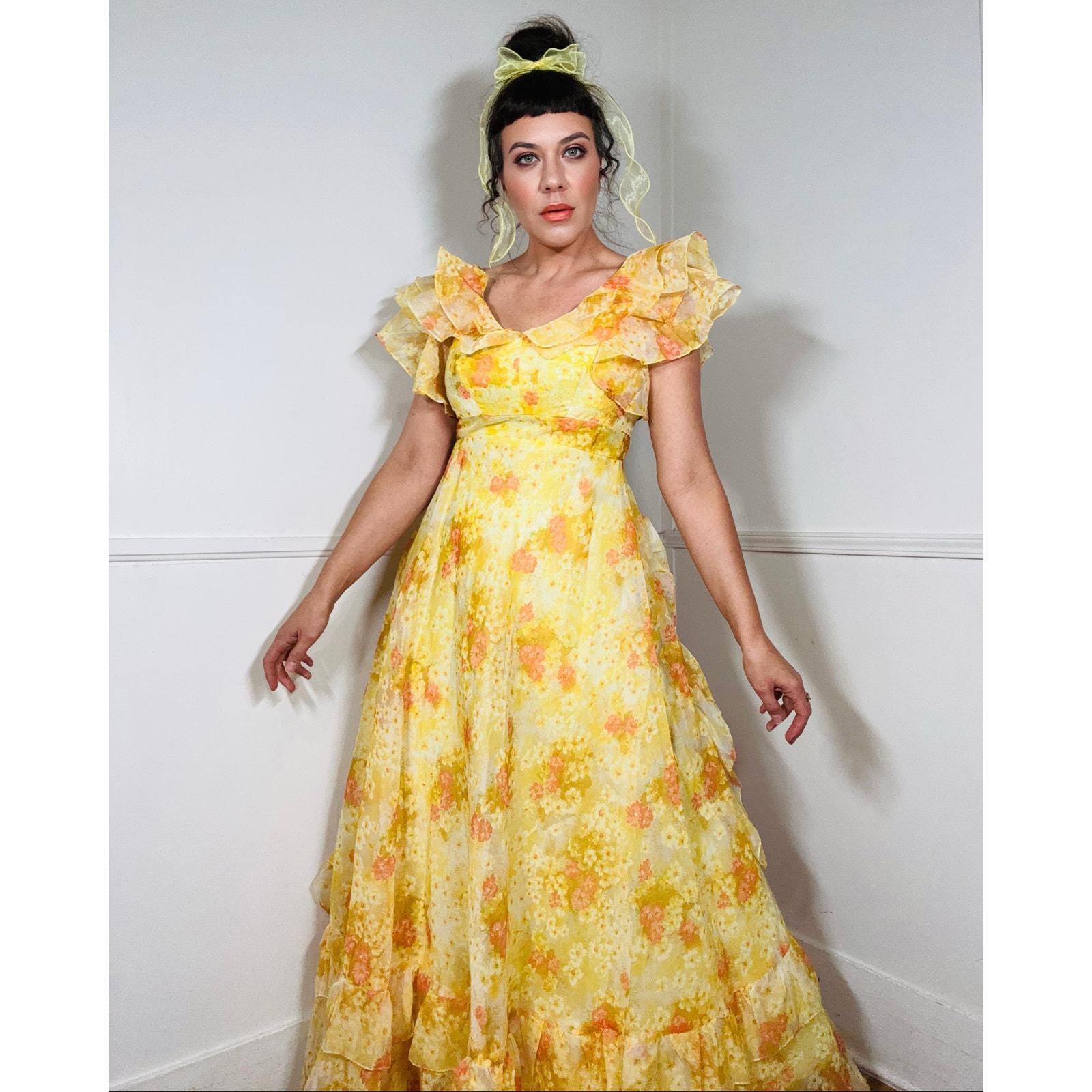 Medium 1970s Vintage Yellow Floral Ruffle Flounced Chiffon Maxi