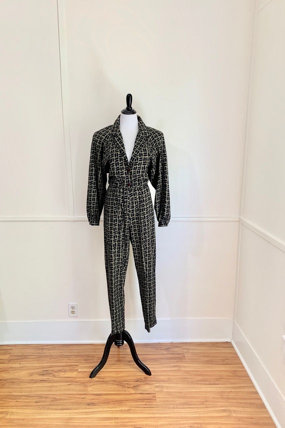 Vintage 1980's Army Green Printed Silk Jumpsuit /