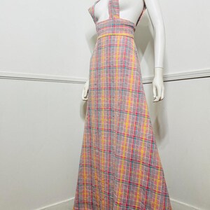 Vestido largo estilo pichi a cuadros rosa vintage de los años 70, talla pequeña a mediana imagen 7