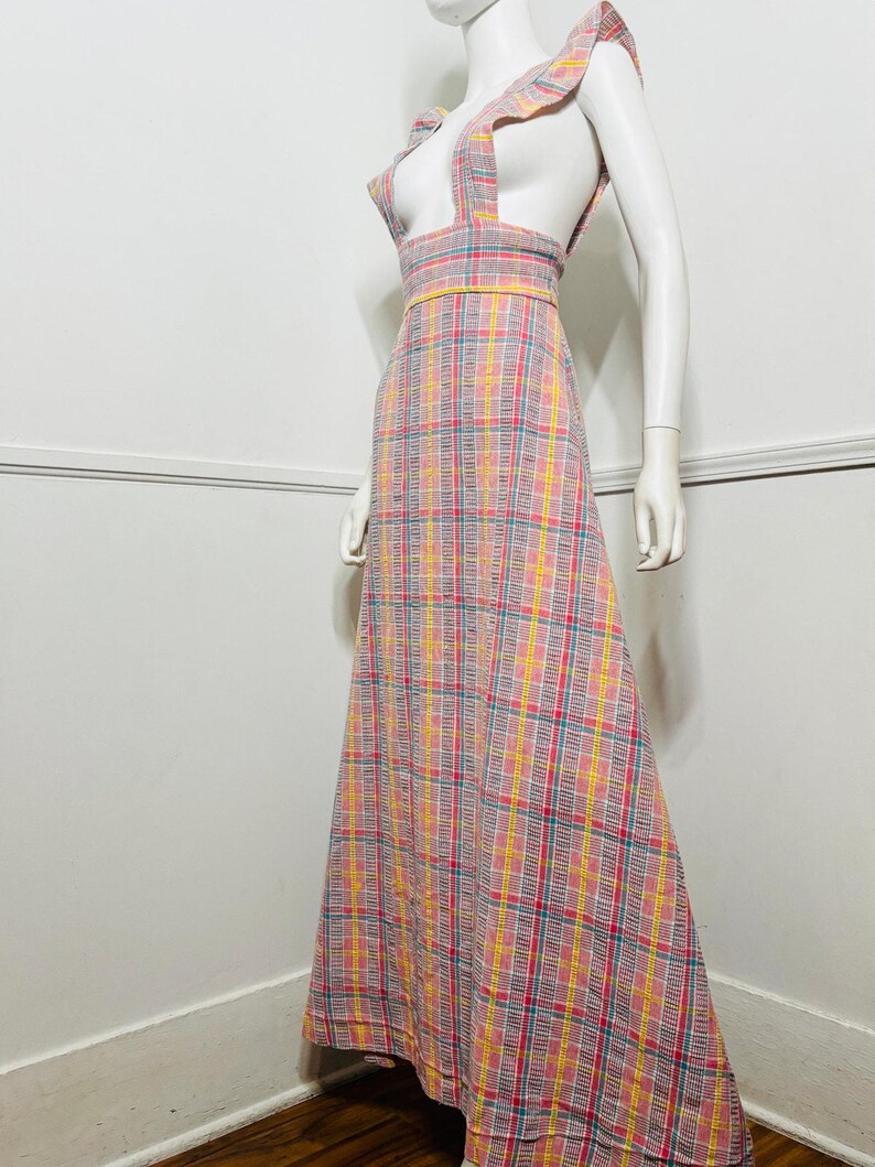 Vestido largo estilo pichi a cuadros rosa vintage de los años 70, talla pequeña a mediana imagen 7