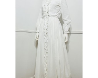 Extra Small 1960s Vintage White Cotton Victorian Revival Maxi Dress by Designed by Jax