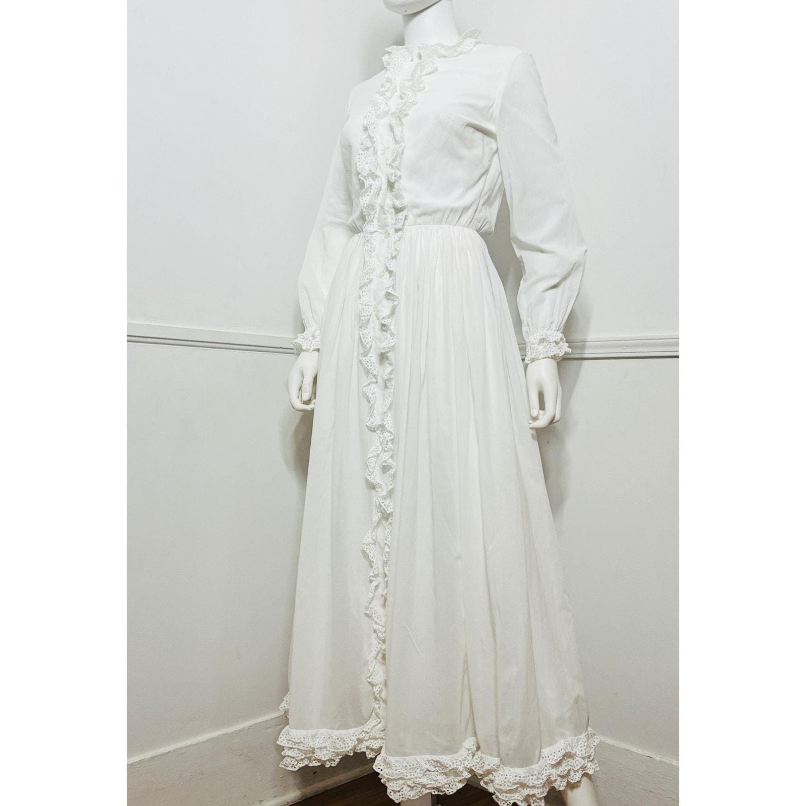 Extra Small 1960s Vintage White Cotton Victorian Revival Maxi Dress by Designed by Jax Extra Small 1960s Vintage White Cotton Victorian Revival Maxi Dress by Designed by Jax