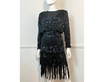 Medium 1980s Vintage Black Rayon Peacock Beaded and Sequined Flapper Dress by Judith Ann Creations