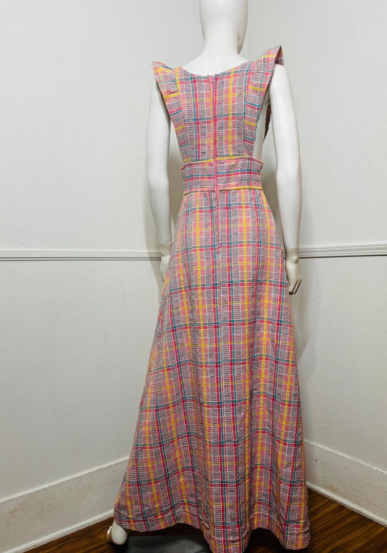 Vestido largo estilo pichi a cuadros rosa vintage de los años 70, talla pequeña a mediana imagen 9