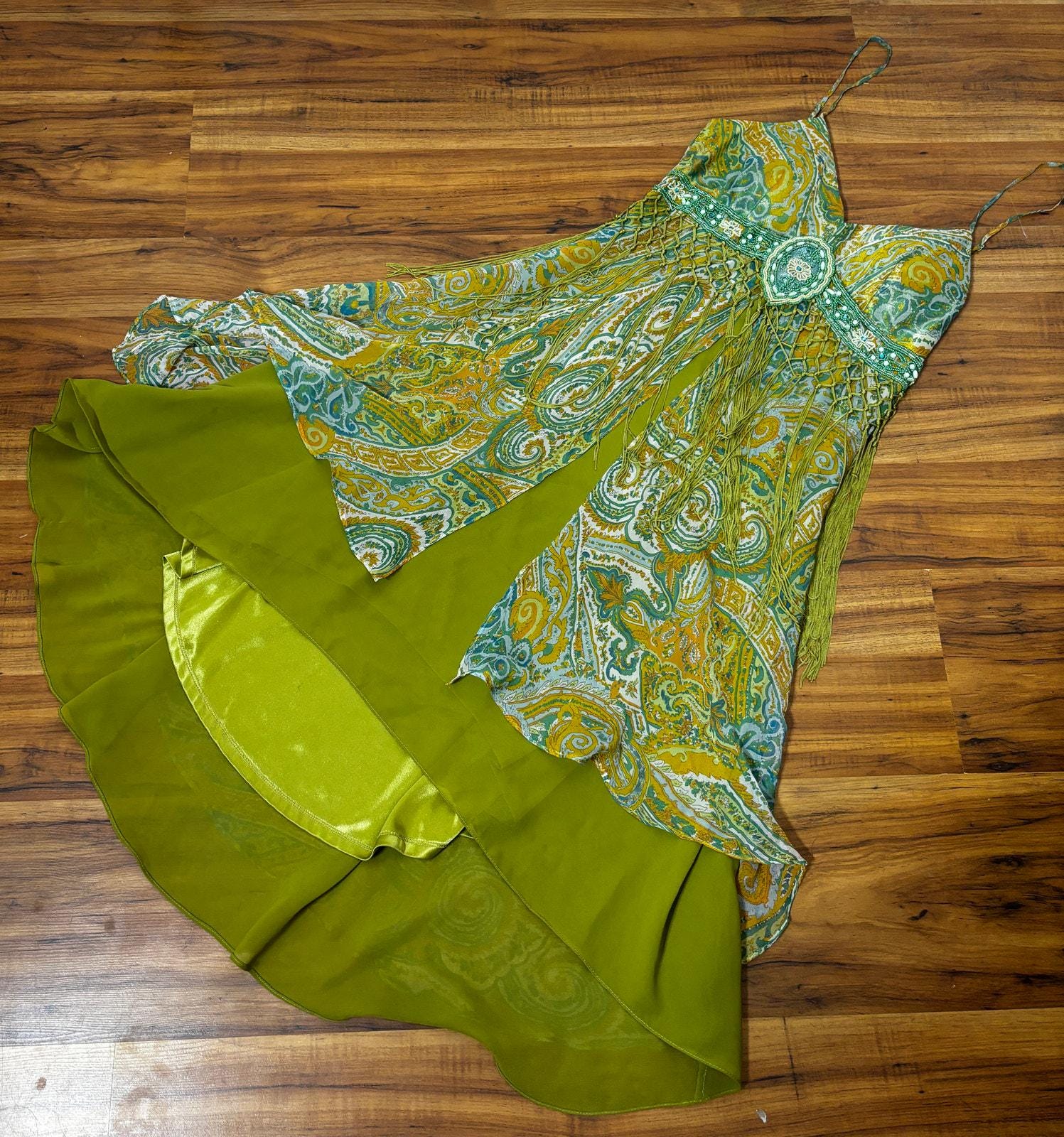 Medium 1990s Vintage Chartreuse Silk Paisley Beaded Dress by