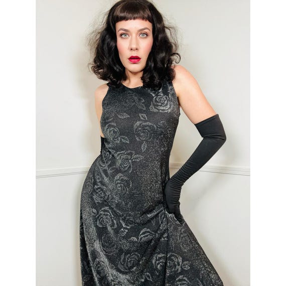 1990s Vintage Black Glitter Rose Maxi Dress by Harlow