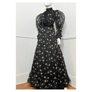 Extra Small 1900s Antique RARE Black Floral Cotton Gown