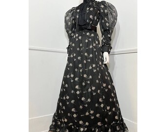 Extra Small 1900s Antique RARE Black Floral Cotton Gown