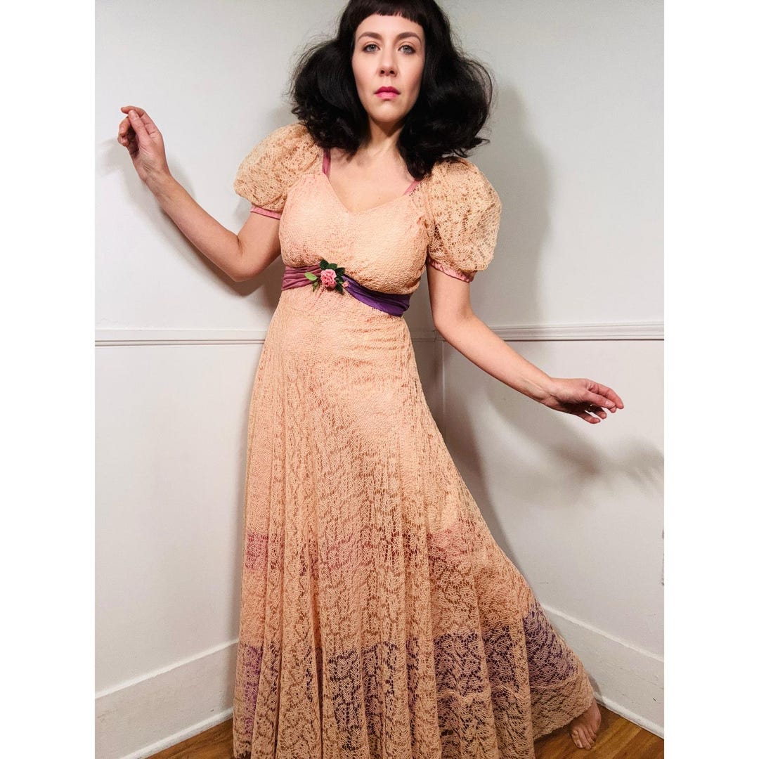 1930s Black Peacock Cross Stitch Crochet Dress | XS/S
