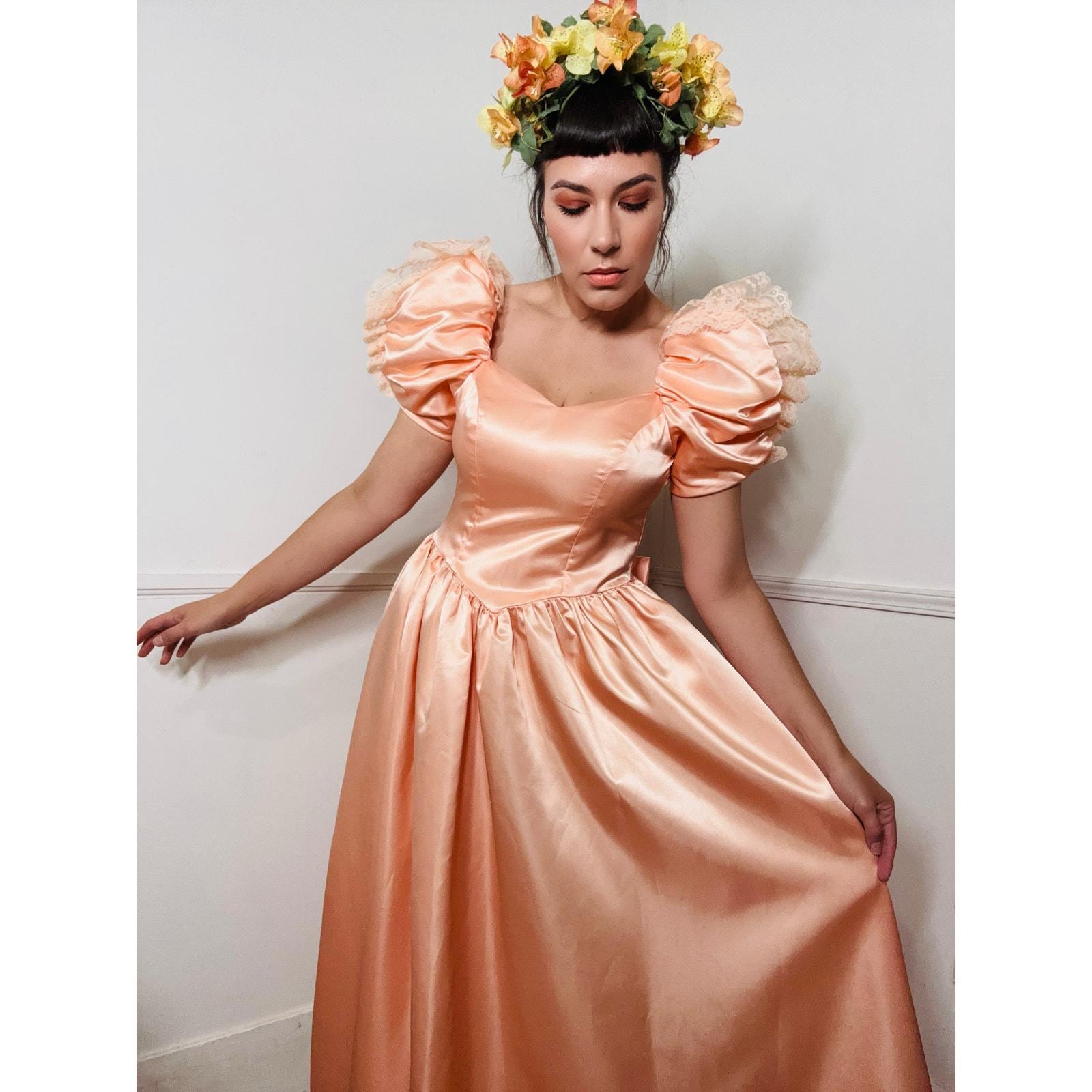 Medium 1980s Vintage Peach Satin Party Dress