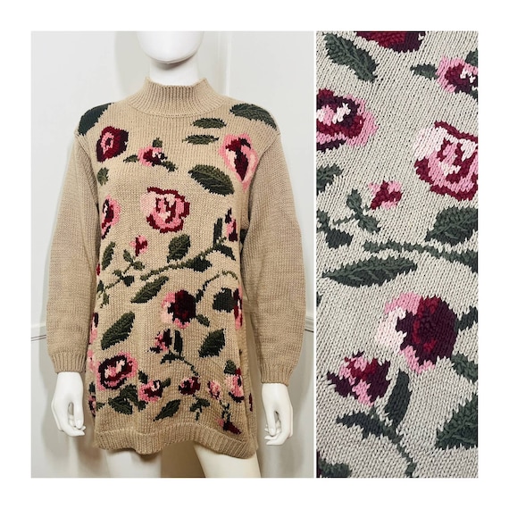 Small to Extra Large 1990s Vintage Tan Floral Hand Knit Sweater by