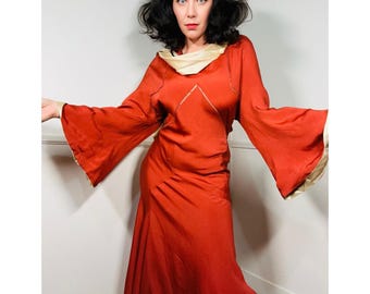 Medium 1930s Vintage Persimmon Rayon Crepe Bias Cut Dress with Angel Sleeves