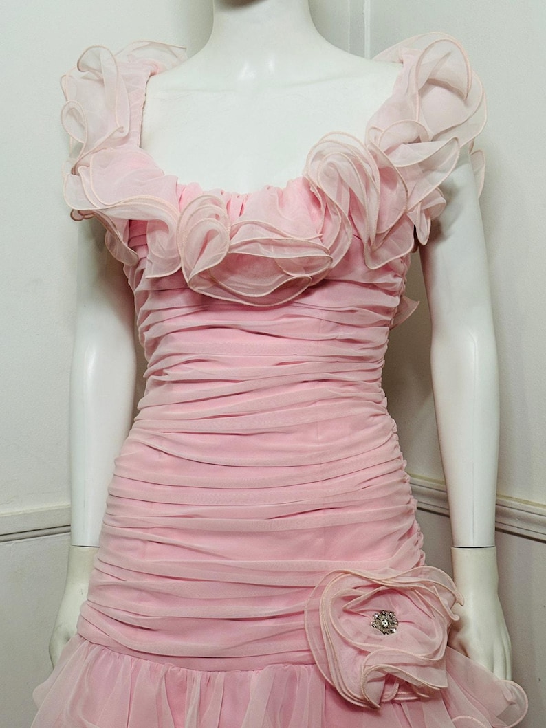 1980s Vintage Ballet Pink Chiffon Ruffle Dress image 6