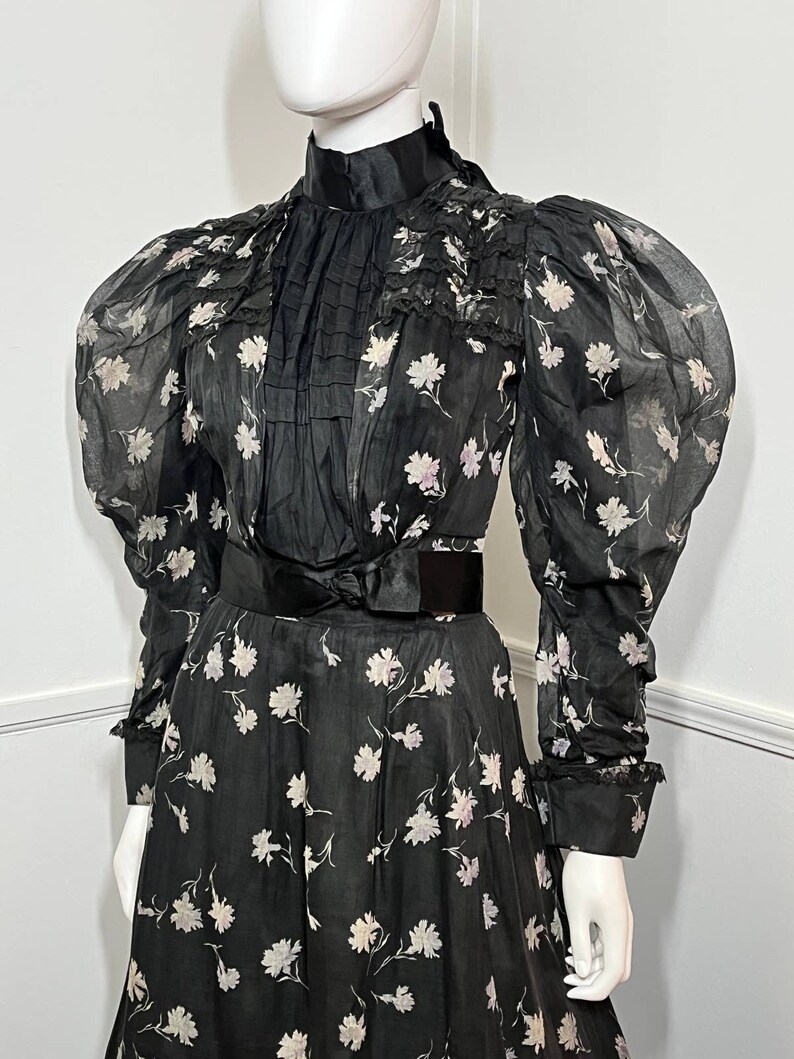 Extra Small 1900s Antique RARE Black Floral Cotton Gown image 2