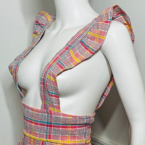 Vestido largo estilo pichi a cuadros rosa vintage de los años 70, talla pequeña a mediana imagen 6