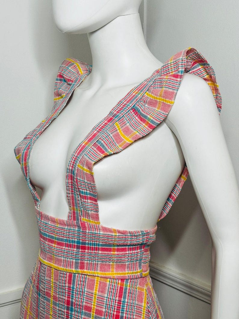 Vestido largo estilo pichi a cuadros rosa vintage de los años 70, talla pequeña a mediana imagen 6