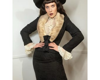 Y2K Vintage Black Brocade Mink Trimmed Skirt Suit by Christian Lacroix